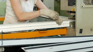 Production and manufacturing of pvc windows, pvc window frame is located in the machine for soldering the corners of the pvc profile, close-up, soldering, automatic