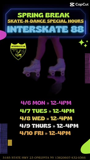 Skate-n-dance for the afternoon! **Pizza&Soda packages are only available during the 12-4pm skate-n-dance sessions. Not during regular open skate sessions.** Silver Package:: $10 admission includes skate rental, pizza & soda. Gold Package:: $15 admission includes skate rental, pizza & soda, and 1 game of Laser Tag. Add-on Web Mountain Playground (4.5’ tall and below) for $3 a wristband. #fyp #local #break #school #interskate88