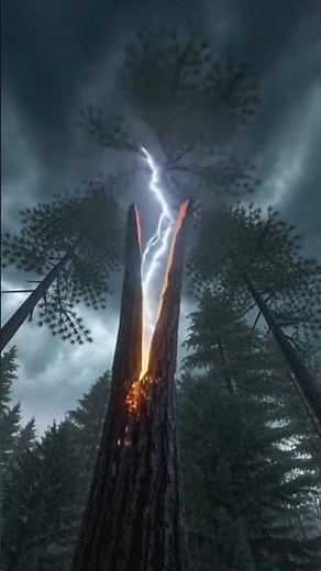 Realistic Lightning Strike in American Forest – Tree Splits Mid-Trunk | Cinematic Storm POV