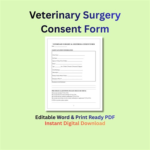 Veterinary Surgery & Anesthesia Consent Form Template | Pet Surgery Authorization | Editable Vet Clinic Form | Dog and Cat Medical Waiver - Etsy