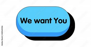 Big sign with We want You text. Hand pushing his index finger to click the button. 4k Comic Book style cartoon animation. Job, working, recruitment concept.