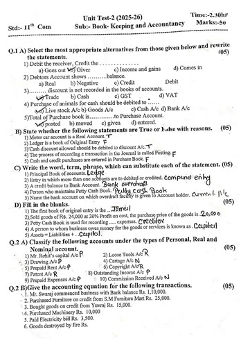 Book Keeping & Accountancy | Question Paper | 2025-26 | Unit Test 2 | Complete Question Paper | IMP