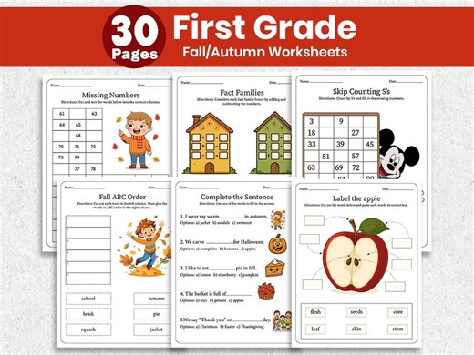 First Grade Fall Theme Worksheets Printable | Autumn Math & Literacy Pack for Kids | Teacher Resources | Instant Download PDF - Etsy