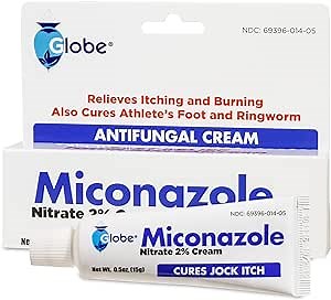 Globe Miconazole Nitrate 2% Antifungal Cream 0.5 oz, Cures Most Athletes Foot, Jock Itch, Ringworm. (2 Pack)