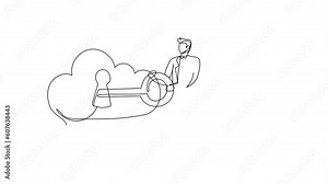 Animated self drawing of continuous line draw businessman close on key in huge cloud. Cloud password lock security authentication. Online internet. Key cloud keyhole. Full length single line animation