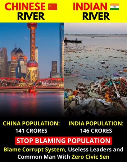 Facts Areaa on Instagram: "Ever wondered why two countries with nearly the same population look worlds apart when it comes to their rivers? As of 2026, India stands at 146 crore people while China is at 141 crore. The numbers are almost identical, yet the results couldn't be more different. It is time we stop using "population" as a shield for poor management. The truth is that population isn't the problem, systemic failure is. While one side has embraced strict accountability and infrastructure