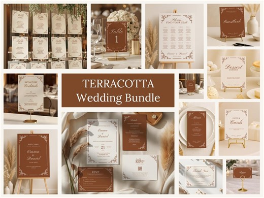 Boho Terracotta Fall Wedding Bundle | Editable Canva Minimalist Invitation Suite & Wedding Signs | Rust Burnt Orange - Etsy