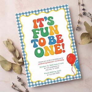 Fun to Be One Birthday Party Editable Invitation Template | First Birthday Blue Yellow Gingham Fun Bright Colorful Theme | Instant Download - Etsy