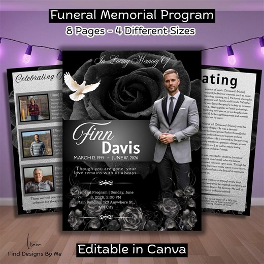 Graceful Funeral Program Template for Men | Obituary Template | Celebration of Life | Memorial Service - Etsy