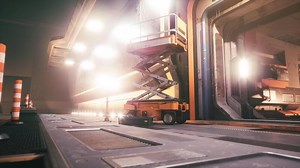 Construction lift raises platform in a brightly lit industrial setting