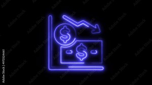 Deficit Icon in Video HD Neon Animation – Financial Loss and Economic Decline Symbol with Dynamic Glow on Black Background