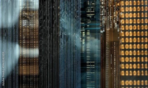 Blurry close-up of binary code on a computer circuit board with copper wiring and microchips in a dark background with a shallow depth of field.