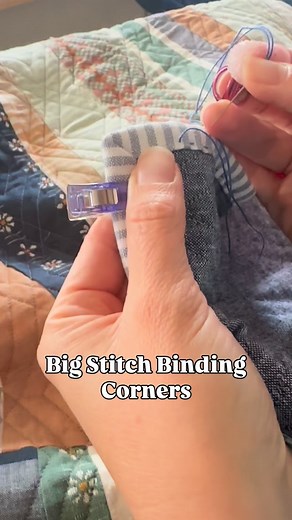 I shared some big stitch binding yesterday and you all have questions! First up: corners! I stitch my corners down by making an extra stitch under the first corner and the. A back stitch on the second. I’ll admit I tried a few different things and I think this looks best! Thimble: Roxette a jelly thimble. I push the needle with the Roxette thimble and then use the jelly one to help me pull it through. Needle: Size 7 Tulip Embroidery Needle Thread: Finca Presencia Perle Cotton No 8 Thread Prep: S