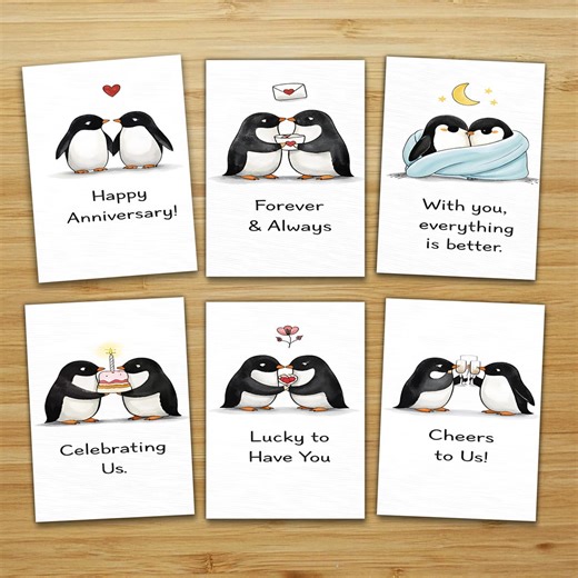 Anniversary Penguin Cards, Romantic Celebration Greeting, Relationship Milestone Bundle - Etsy