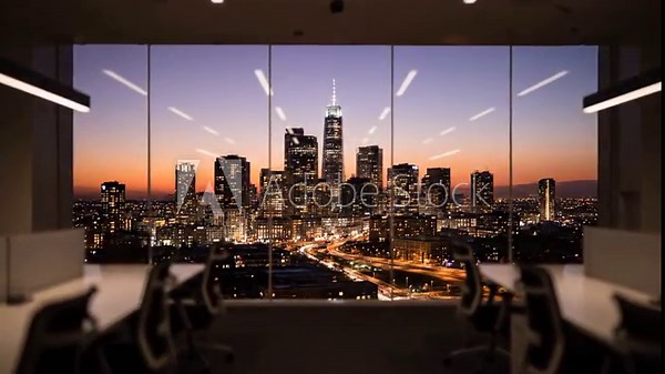 A night-time city view seen through a window from inside, with office chairs in the foreground