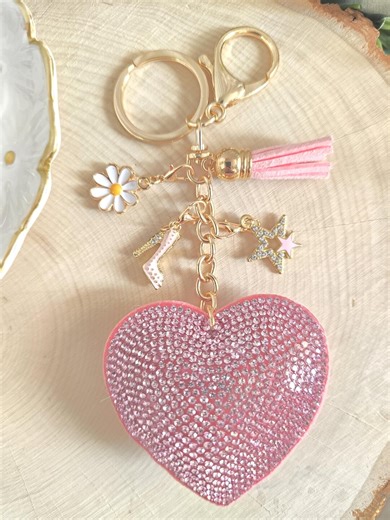 Rhinestone Heart Keychain: Sparkling Crystal Pendant With Flower, Star, Tassel, and High Heel Charms. - Etsy