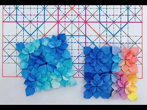 あじさい折 おりがみ 4 Flowers Hydrangea Origami