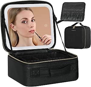 Amazon.com: Behaesty Travel Makeup Bag with LED Lighted Mirror, Cosmetic Makeup Organizer Bag with 3 Color Setting, Makeup Train Case with Adjustable Dividers for Women Makeup Brushes Jewelry Accessories (Black) : Beauty & Personal Care