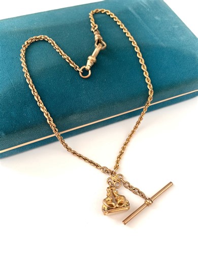 Antique Gold Filled 15" Double Albert Watch Chain Necklace With T Bar and Fob, Vintage Rope Chain Pocket Watch Chain or Necklace - Etsy