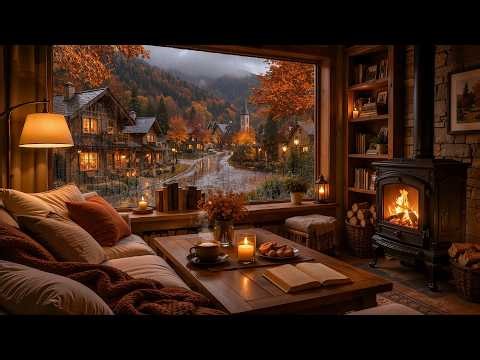 Amber Autumn Evenings 🍂 Rainy Coffee Shop, Smooth Jazz Piano & Crackling Fireplace for Sleep & Relax