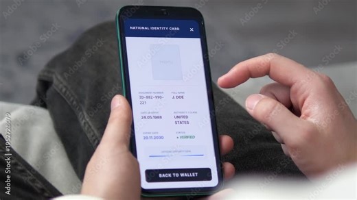 Person accessing secure digital National ID card on smartphone. Modern mobile app interface for electronic identification and government services. High-tech concept for cybersecurity, fintech, and