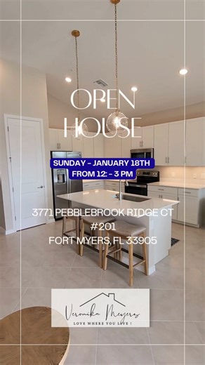 OPEN HOUSE | SUNDAY, JANUARY 18 | 12–3 PM 📍 3771 Pebblebrook Ridge Ct. 201, Fort Myers 📍 Pebblebrook at Verandah 2023-built. Fully furnished. 3 bedrooms Den. Long lake views & a view of the 17th fairway ⛳️ Beautifuly updated, impact windows & doors, a light-filled open layout, and a screened lanai that makes morning coffee and sunset evenings feel extra special ✨ Steps from the pool and set inside one of Fort Myers’ most amenity-rich communities—golf, pickleball, kayaking, trails, dining, and 