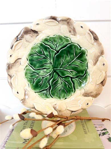 Vintage the Haldon Group "rabbit Parade" Salad Plate, Hand-painted Majolica Style Bunny & Cabbage Leaf 1980s Whimsical Easter Tableware - Etsy