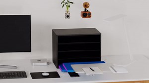 Wood Desktop Letter Tray File Organizer, Paper Storage Mail Sorter with 3 Adjustable Drawer Boards for Home and Office, Black