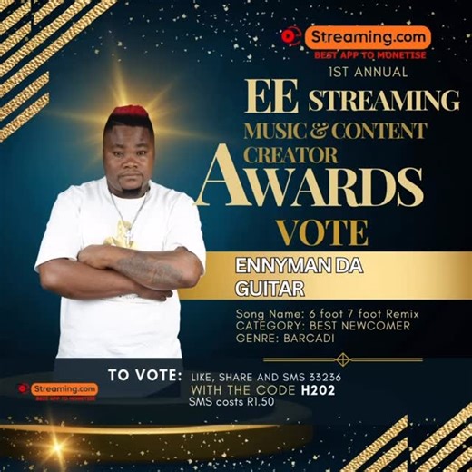 Zwane Ernest on Instagram: "Hello guy’s let’s support and vote for Mr Sbethe gape on the 1st Annual EE Streaming Award’s Vote : Ennyman Da guitar with code H202 sms 33236 sms cost 1.50 Category : Best new comer Genre: Bacardi Song name: 6 foot 7 foot Remix"
