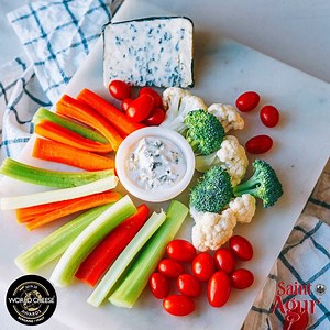 Swap the blue cheese dip with chunky Saint Agur to brighten up a crudité platter. #PositiveFood Saint Agur won GOLD in the Blue Cheese category at the 2019 World Cheese Award, held in Bergamo, Italy 🥇 Find your new favorite cheese at a store near you: https://frenchcheesecorner.com/find-a-store/ | French Cheese Corner by Haute Fromagerie