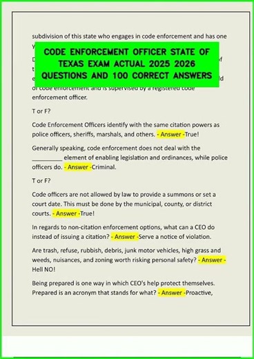 CODE ENFORCEMENT OFFICER STATE OF TEXAS EXAM ACTUAL 2025 2026 QUESTIONS AND 100 CORRECT ANSWERS vide
