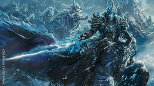Frozen Demon Emperor with blue fire eyes in an ice warrior outfit, holding an ice sword, sitting on an ice ghost horse. with an army of demon horses behind them