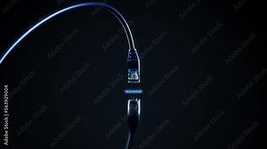 Internet Cable Plugging to the LAN Port with Growing Network Lines Illustration 3d Animation. Artificial Intelligence Using Abstract High Speed Ethernet Computer Network Wire Connection Technology 4k.