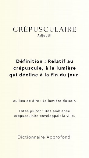 Crépusculaire,"Issu du latin "crepusculum", qui signifie "crépuscule" et désigne le moment de la journée entre la lumière et l'obscurité, ce mot évoque une ambiance mystérieuse et souvent poétique. Parmi ses synonymes, on retrouve "vespéral" et "sombre", tandis que des antonymes incluent "lumineux" et "diurne". Laissez un « J'aime » sur cette publication, abonnez-vous, et dites-moi en commentaire si vous connaissiez déjà ce mot ! #Dictionnaireapprofondi #élocution #motdujour #lexique #vocabulair
