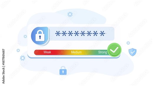 Password Strength Indicator And Secure Login Interface Flat Design Animation. Input Field With Lock Icon And Visual Strength Meter Showing Weak, Medium, And Strong Levels.