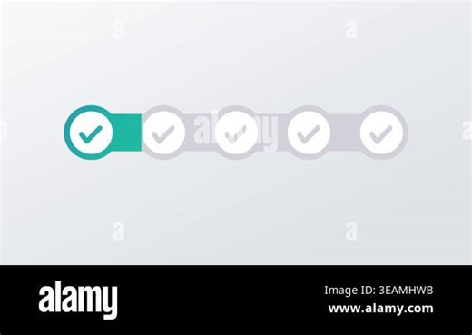 A horizontal row of five teal filled circular checkmark icons indicating all tasks or steps have been successfully completed in a process Stock Video Footage - Alamy