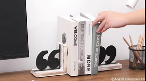 MyGift Whitewashed Wood Decorative L Shaped Bookends with Black Metal Quotation Mark Design, Office Desk Book Stands, 1 Pair
