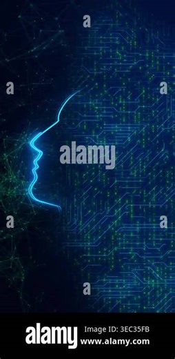 Future AI tech machine learning, face outline circuit board and binary data flow on blue 3D background. Artificial neural network nodes solving AI artificial intelligence problems cyber mind Human Stock Video Footage - Alamy