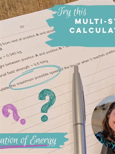 ✅ AQA GCSE Physics students - do you want to know how to score full marks on a multi-step calculation? 📝 Work through this example looking at the conservation of energy with me. 🧮 Multi-step calculations are questions that usually involve more than one equation or more than one topic area from within the GCSE course. 🏆 They are worth more marks, and can be more challenging for students if you don't know where to start. I'll walk you through the same approach that helps my students score full 
