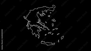 Greece map animation line. White line drawing on a black background.