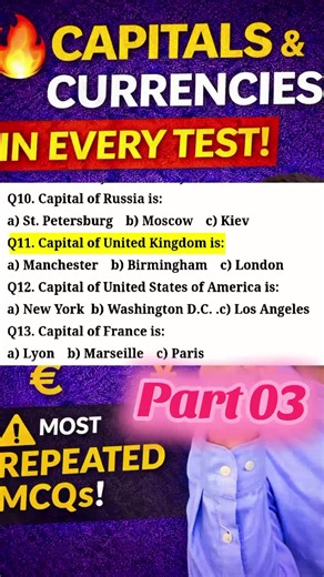 🔥 Capitals & Currencies That Come in Every Test | MOST REPEATED MCQs 📝 DESCRIPTION Capitals aur currencies har competitive exam ka favorite section hain aur yahin se direct MCQs aate hain. Is video mein world capitals aur currencies ko exam-oriented aur short tricks ke sath explain kiya gaya hai. Ye video specially un students ke liye hai jo JST, PST, JEST, IBA Sukkur, STS, SPSC aur Intermediate Category tests ki preparation kar rahe hain. Aksar candidates similar countries ki capitals aur cur