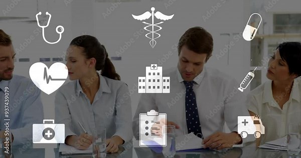 Animated medical icons over diverse healthcare professionals in meeting