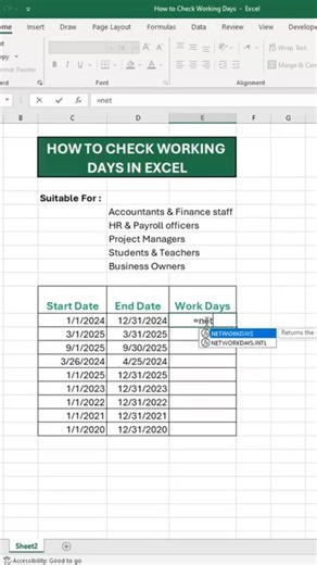 Study Nest on Instagram: "Excel NETWORKDAYS Function Explained | Calculate Working Days Between Dates | Study Nest Learn how to use the NETWORKDAYS function in Excel to calculate working days between two dates automatically. This powerful Excel function helps professionals, accountants, HR teams, and project managers save time by excluding weekends and holidays. ✨ This video is perfect if you want to improve your Excel skills and work smarter with date & time functions. 📌 Don’t forget to Like, 