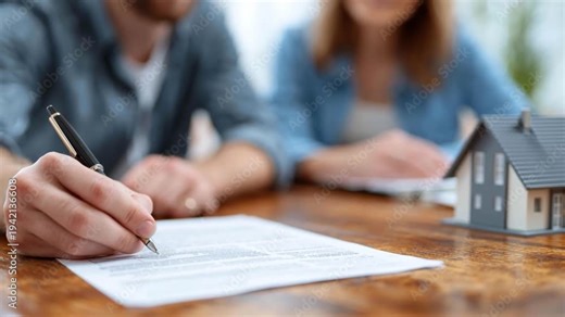 Couple prepares to sign contract for purchase of new home. Slow motion.