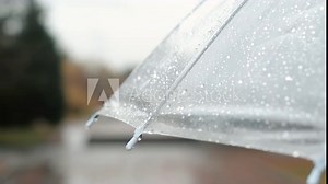 Close-up of a transparent umbrella covered by raindrops during walking in an autumn city park in the rain. Concept of comfort leisure during a bad weather