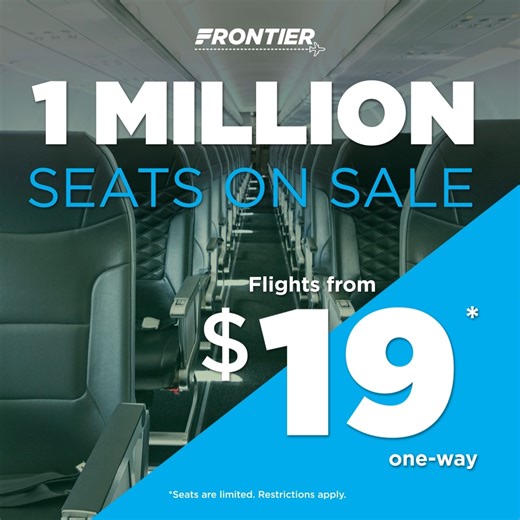 🚨 Economy Bundles (including a bag, seat selection, and no cancel/change fees) starting at $19* 1 MILLION seats on sale from just $19!* ✨ Book now: https://bit.ly/4dcu5FN | Frontier Airlines