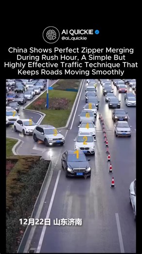 AI Quickie on Instagram: "🚦🤝 During peak traffic hours, drivers in China demonstrated textbook zipper merging, a simple but highly effective traffic technique that keeps roads moving smoothly. Zipper merging works by having cars from two lanes take turns merging into one—like the teeth of a zipper. Instead of merging early and causing long backups, drivers use both lanes fully and alternate at the merge point, reducing congestion and sudden braking. Traffic engineers consistently show that pro