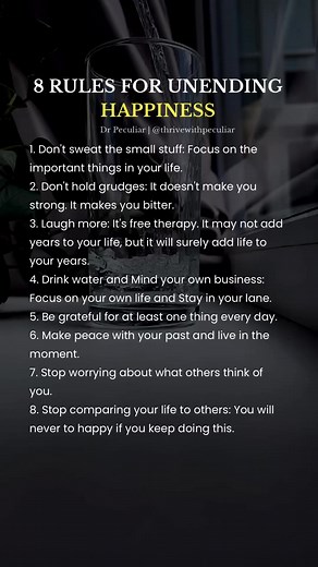 📌Day 23 of 366 days: 8 RULES FOR UNENDING HAPPINESS ✨Today, let’s talk about the 8 RULES FOR UNENDING HAPPINESS that can truly transform your life. 🍃Don't forget to share this post with someone who might need this reminde✨It's time to escape the comparison trap and embrace our unique journeys. Let go of old grudges because they only weigh down your spirit; instead, laugh often—it's free therapy for the soul! ✨Remember, a happy life isn't just about big moments but also finding peace and gratit