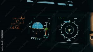 Close shot and panorama of aircraft cabin or cockpit with EFIS. Flight deck centre panel with primary flight display and navigation display, aircraft commander and co-pilot panels. Interior of Airbus