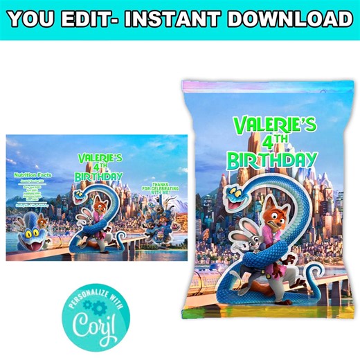 Digital Chip Bag Labels Instant Download Corjl Self-editable Custom Birthday Party Favors Zootopia Lighting - Etsy